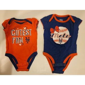 Two MLB New York Mets Short Sleeve Baby Bodysuits, Size 3-6 Months